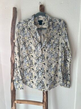 Ann Taylor Postage Stamp Cotton Button-Down Shirt Ivory  Blue & Yellow Print XS